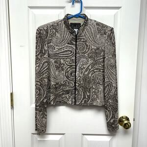 Alex Evenings Sequin Paisley Top, Black, Tan, Gold ZipUp, Shoulder Pads, Size 10
